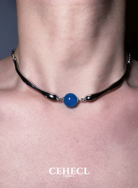 复古清冷感蓝色圆珠银色锁骨链女