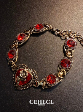 复古红色爱心玫瑰花手链女宫廷风