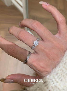 微镶锆石爆闪花朵排钻叠戴戒指女