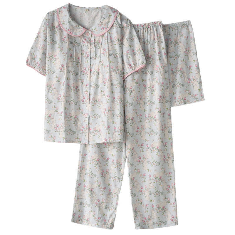 卡通印花带胸垫睡衣女夏季纯棉棉布薄款短袖短裤长裤三件套家居服,淘宝优惠券,粉丝福利购,淘宝优惠卷