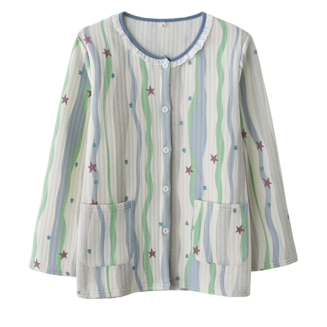 花边领条纹多巴胺睡衣上装女秋冬季纯棉空气层夹棉保暖家居服上衣,淘宝优惠券,粉丝福利购,淘宝优惠卷