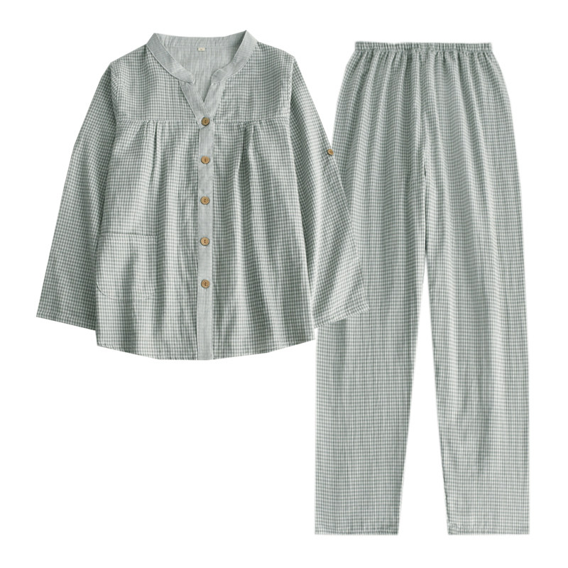 日系千鸟格夏天睡衣女士春秋季色织纯棉纱布薄款长袖家居服套装,淘宝优惠券,粉丝福利购,淘宝优惠卷