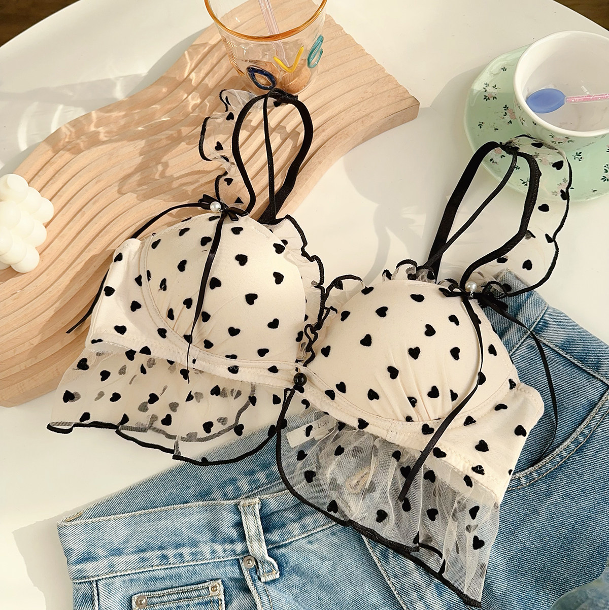 波点的诱惑透明网纱小胸聚拢上薄下厚爱心荷叶边仙女情侣内衣套装,淘宝优惠券,粉丝福利购,淘宝优惠卷