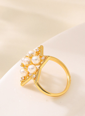 镶钻珍珠五角星可调节开口戒指
