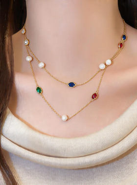 民族风锆石椭圆形叠带珍珠项链