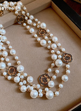 欧美复古风双层叠戴圆形珍珠项链