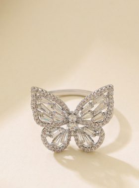 甜美闪钻锆石蝴蝶戒指开口可调节