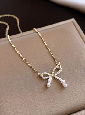法式气质锆石蝴蝶结珍珠项链