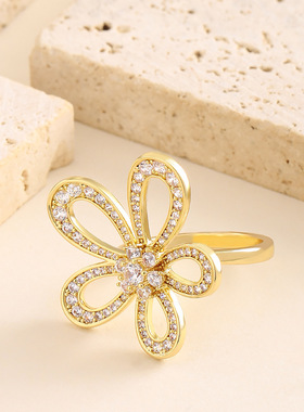 时尚精致满钻锆石太阳花开口戒指