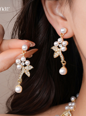 镶钻花朵流苏珍珠项链耳钉套装