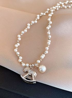 锆石串珠交叉小马可调节珍珠项链