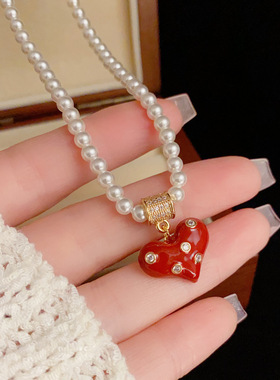秋冬新款红色爱心波点珍珠项链气质时尚温柔百搭设计感锁骨链