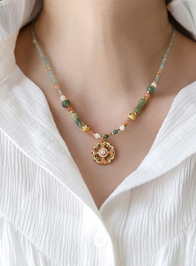 复古小众高级绿色花朵吊坠项链