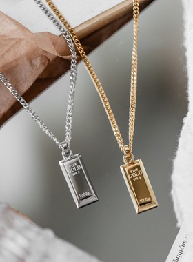 不掉色~银色小众高级设计感暴富小金条金砖长款项链女卫衣毛衣链