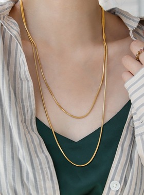 蛇骨素金镀18K金方长款项链秋冬