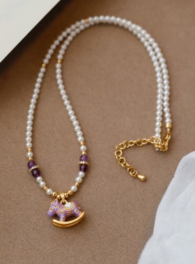 小众轻奢童趣紫色小马珍珠项链