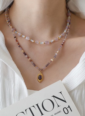 温柔复古椭圆紫色天然石串珠项链女小众设计感叠戴锁骨链颈链