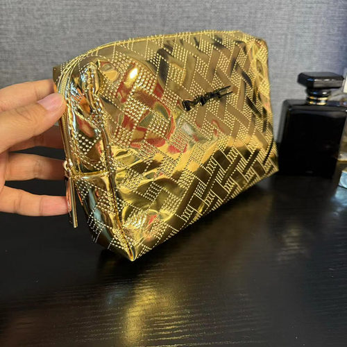 出口欧美尾货 金色暗纹大容量PU化妆包便携洗漱收纳袋手拿整理包 - 图1