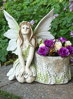 乡村园艺装饰工艺品少女花仙子欧式创意花缸家居摆设树脂雕像