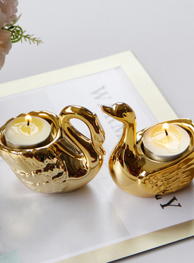 金色电镀陶瓷天鹅香薰蜡烛白瓷底座INS家居装饰摆件轻奢陶瓷工艺