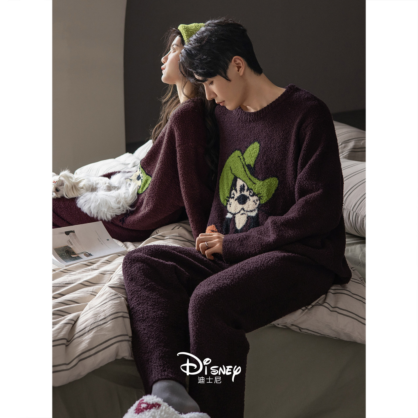 迪士尼情侣睡衣女秋冬季保暖半边绒长袖睡裙时尚慵懒男大码家居服,淘宝优惠券,粉丝福利购,淘宝优惠卷