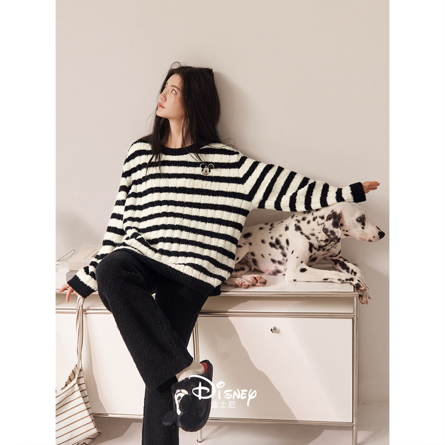 迪士尼情侣睡衣女秋冬季保暖半边绒条纹套装舒适慵懒男外穿家居服,淘宝优惠券,粉丝福利购,淘宝优惠卷