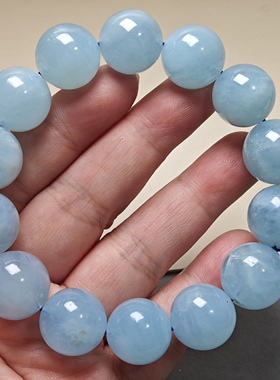 一物一图天然海蓝宝手链鬼蓝冰蓝透体水晶手串夏天女饰带共生矿点