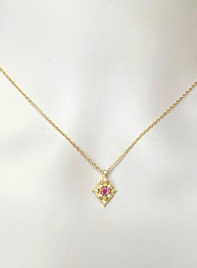 福利款 精致复古天然粉红色碧玺 菱形镂空纹样吊坠锁骨链纯银