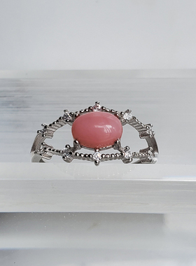 天然粉欧泊S925纯银镶嵌戒指