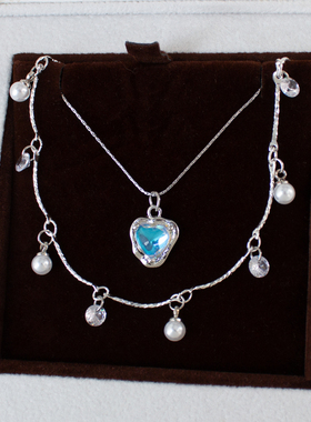 双层蓝色爱心珍珠锁骨链