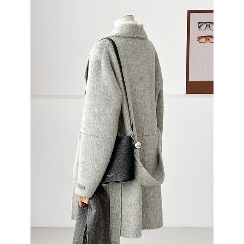 秋冬杂花灰色大翻领羊毛毛呢大衣女中长款高级感千金风外套HL91-1 - 图3