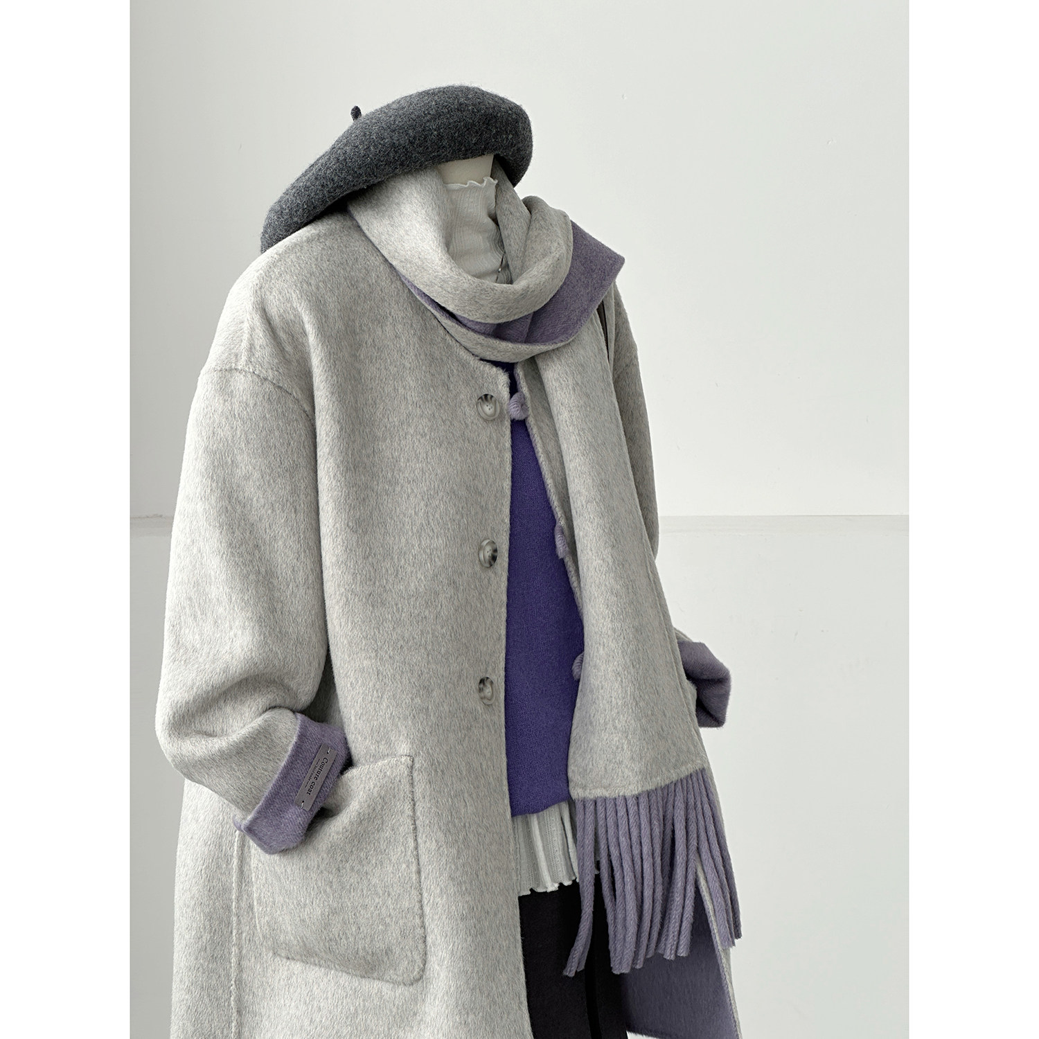 韩系学院风紫色流苏围巾毛呢外套女中长款减龄百搭羊毛大衣HL155 - 图3