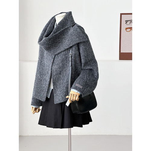英伦风围巾式短款毛呢外套女灰色双面呢羊毛大衣高级感Y193 - 图1