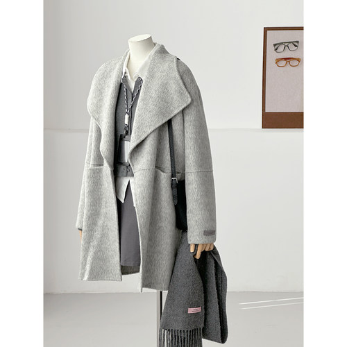 秋冬杂花灰色大翻领羊毛毛呢大衣女中长款高级感千金风外套HL91-1 - 图0