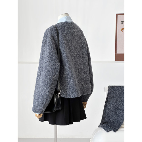 英伦风围巾式短款毛呢外套女灰色双面呢羊毛大衣高级感Y193 - 图3