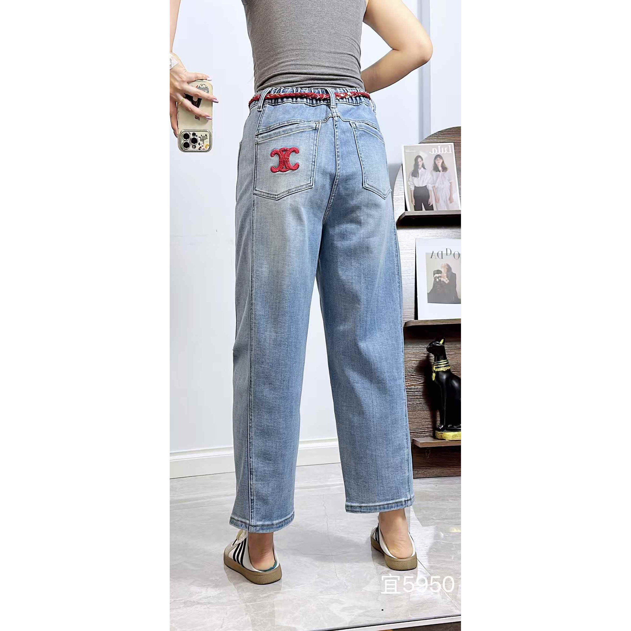 宜语析5950春加大码牛仔裤女 210斤胖妹mm松紧中高腰九分老爹裤子,淘宝优惠券,粉丝福利购,淘宝优惠卷