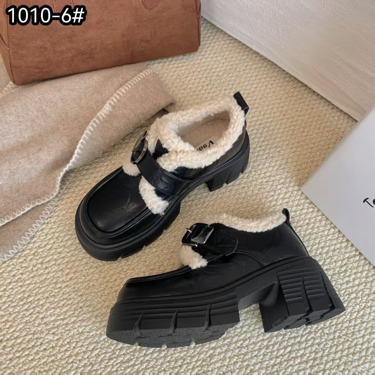 加绒粗跟小皮鞋女2025冬季新款英伦厚底增高毛毛棉鞋一脚蹬乐福鞋 - 图3