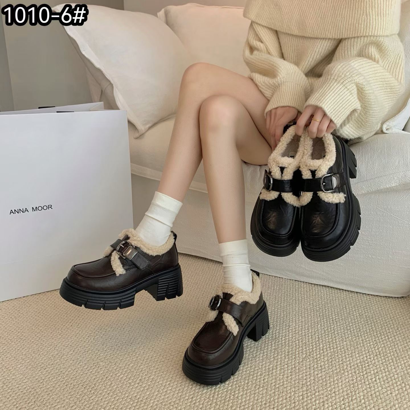 加绒粗跟小皮鞋女2025冬季新款英伦厚底增高毛毛棉鞋一脚蹬乐福鞋 - 图0