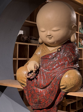 红衣沙弥开悟一休自在弥勒佛石湾公仔陶瓷中式禅意摆件装饰笑佛
