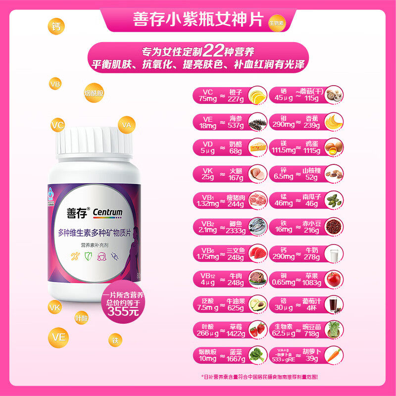 善存小紫瓶女士覆合维生素22种营养b族80片va含钙烟酰胺vc维生素c,淘宝优惠券,粉丝福利购,淘宝优惠卷