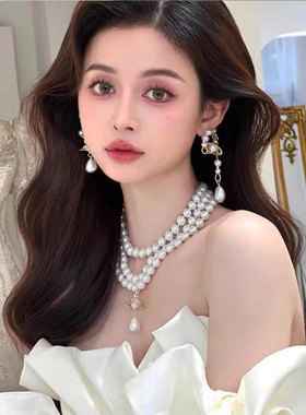 2025新款珍珠星飞碟多层优雅朋克结婚婚纱锁骨链项链大气高级感