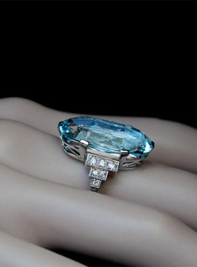 华杰   欧美精致指环 超大颗椭圆形蓝色水晶戒指 女式手饰品