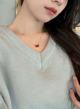 s925纯银红玉髓转运蝴蝶四叶草项链女轻奢小众设计高级感锁骨链