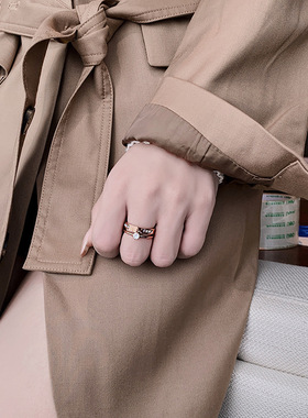 新款钛钢双层戒指女大锆石轻奢时尚小众个性指环不可调节食指戒子