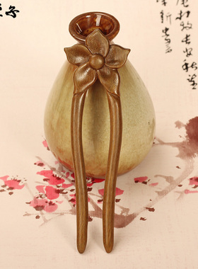 正品手工制作绿檀木花朵发簪子