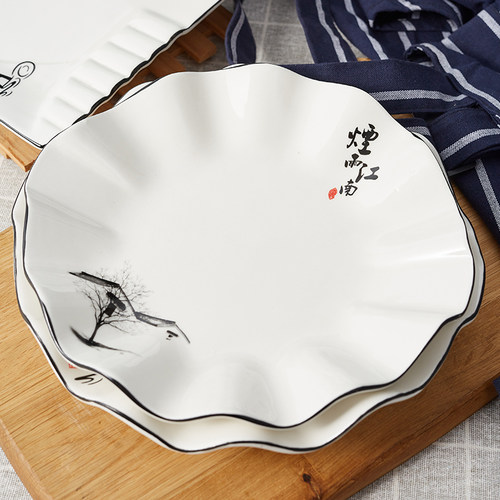 菜盘家用陶瓷盘子饭店黑边餐具北欧创意菜碟子ins荷叶盘定制复古 - 图1