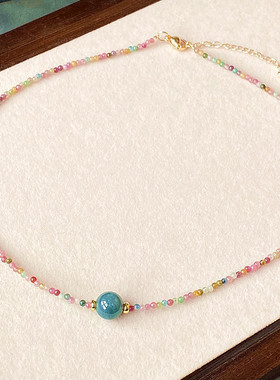 天然圆珠翡翠配彩碧玺 红碧玺 锁骨链颈链项链 吊坠