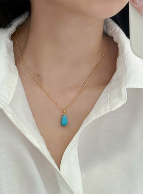 新款欧美时尚蓝色松石水滴吊坠项链简约高级感气质百搭复古锁骨链