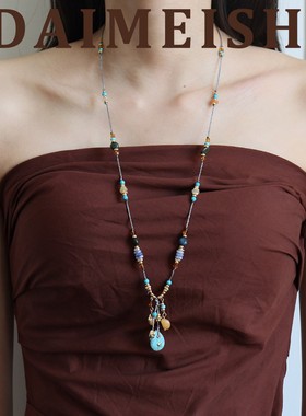 长款复古民族风精致黄玉松石毛衣项链女轻奢小众高级感编绳毛衣链