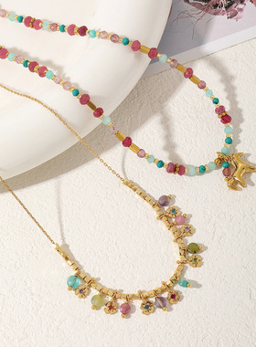 夏日元气感！度假风天然石花簇星星项链通勤新款多巴胺叠戴锁骨链